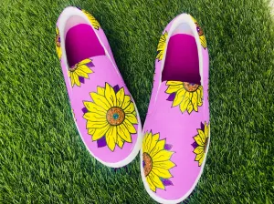 Funky N Trendy hand painted water resistant Sunflower slip on shoes/ handpainted shoes/ women shoes / funky shoes/ pink shoes / funky handpainted shoes