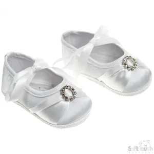 Girls Satin Shoes W/Round Diamonte Hoop & Ribbon Ties: B93-W