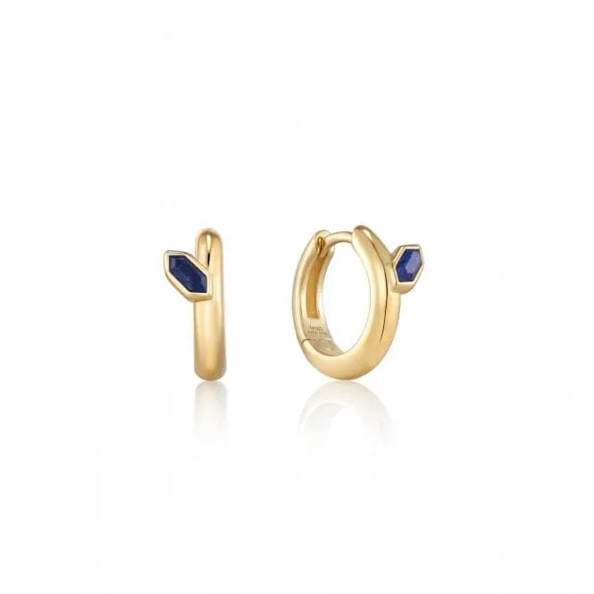 Gold Lapis Emblem Huggie Hoop Earrings E042-03G-L