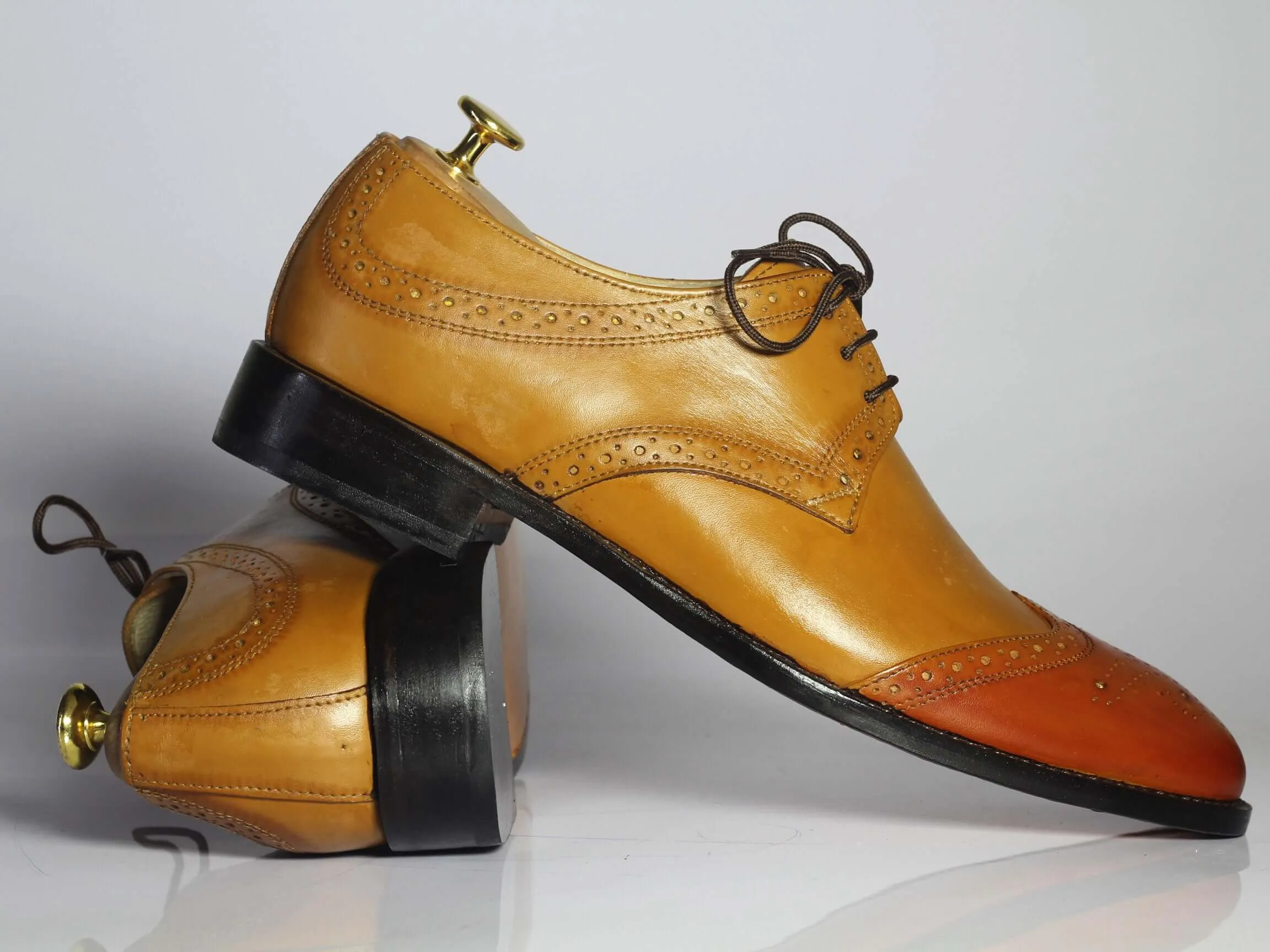 Hand Painted Tan Two Tone Cap Toe Leather Shoes For Men