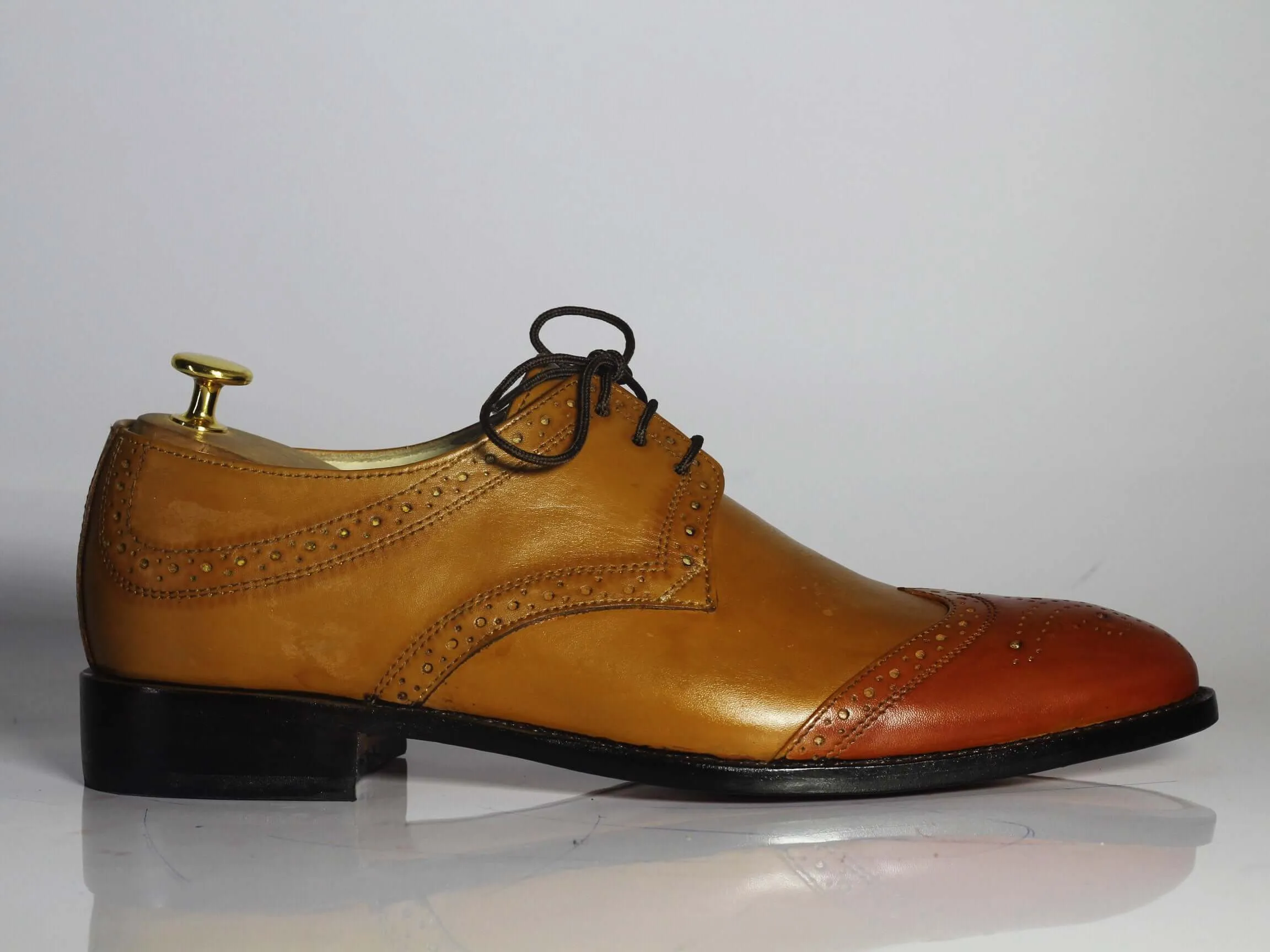 Hand Painted Tan Two Tone Cap Toe Leather Shoes For Men