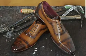 Handmade Men's Cap Toe Brogue Shoes, Men's Brown Leather Lace Up Shoes