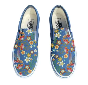 Hummingbird Embroidery Style Print on  Navy Vans Slip On Shoes