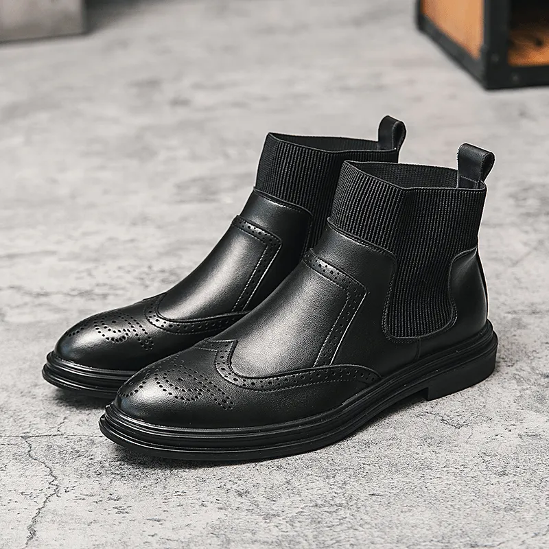 kkboxly kkboxly Men Brogue Comfy Elastic Slip on Chelsea Boots