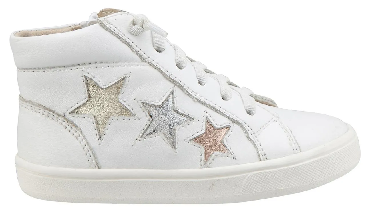 Old Soles Girl's and Boy's 6033 Stardom White Smooth Leather with Stars Elastic Lace Side Zipper High Top Sneaker