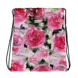 Pink Princess Rose Drawstring Bag, Floral Print 15”x17” Designer Best Drawstring Bag - Made in USA/ Europe