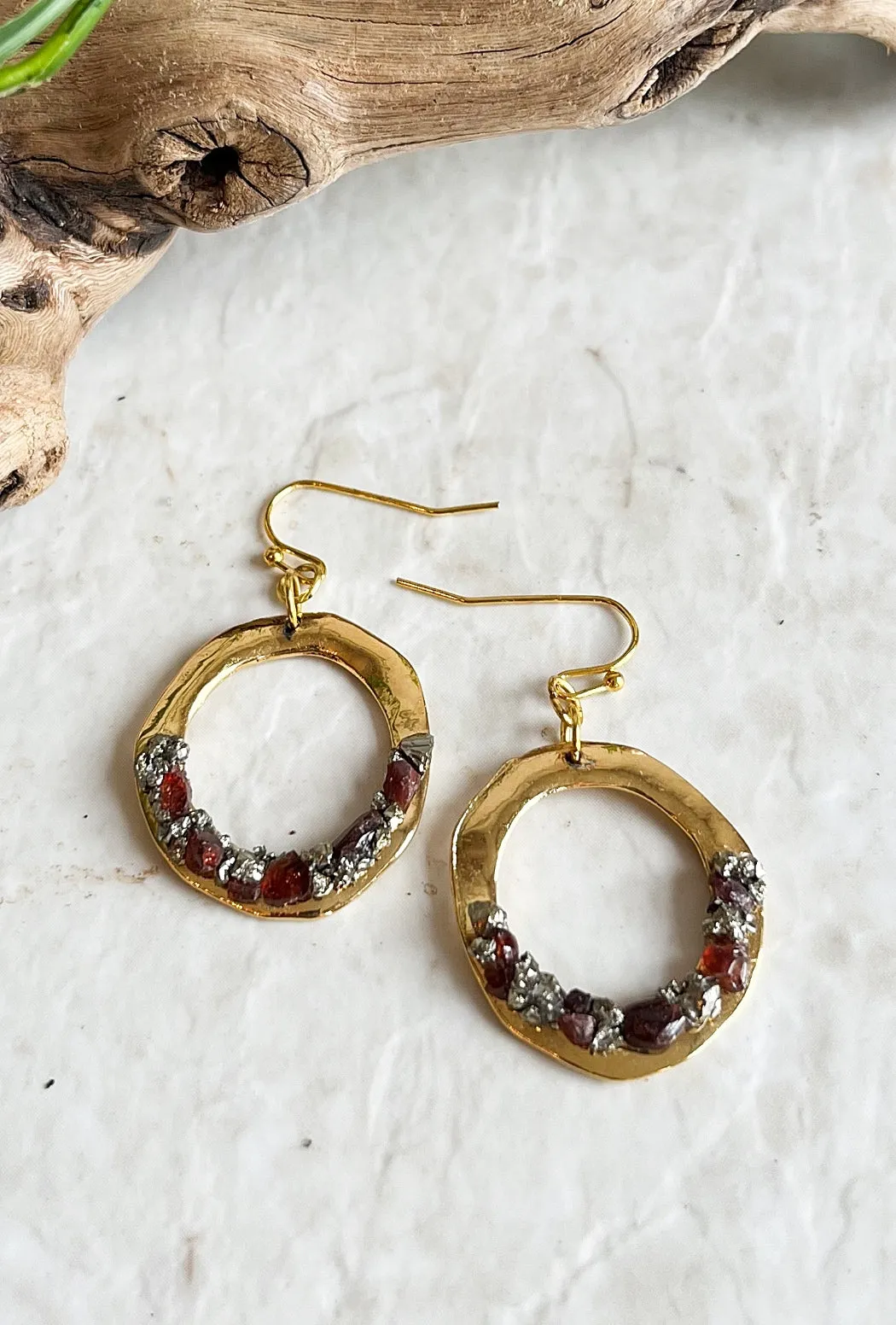 Pyrite And Garnet Hoop Earrings