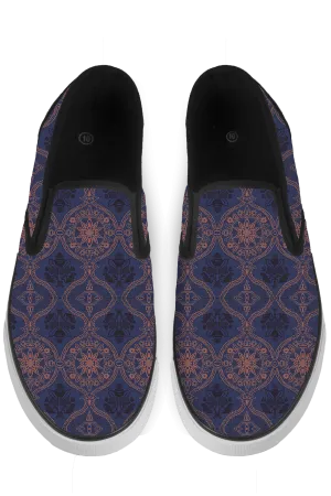 Sargasso Blue and Mellow Rose Damask Slip On Sneakers - x