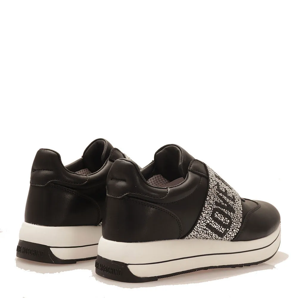 Scarpe Donna LOVE MOSCHINO Sneakers Running Slip On in Pelle Nera con Fascia con Strass