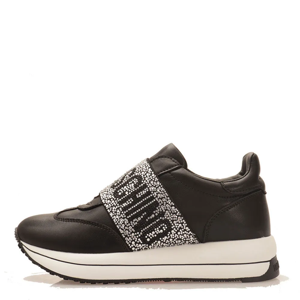 Scarpe Donna LOVE MOSCHINO Sneakers Running Slip On in Pelle Nera con Fascia con Strass