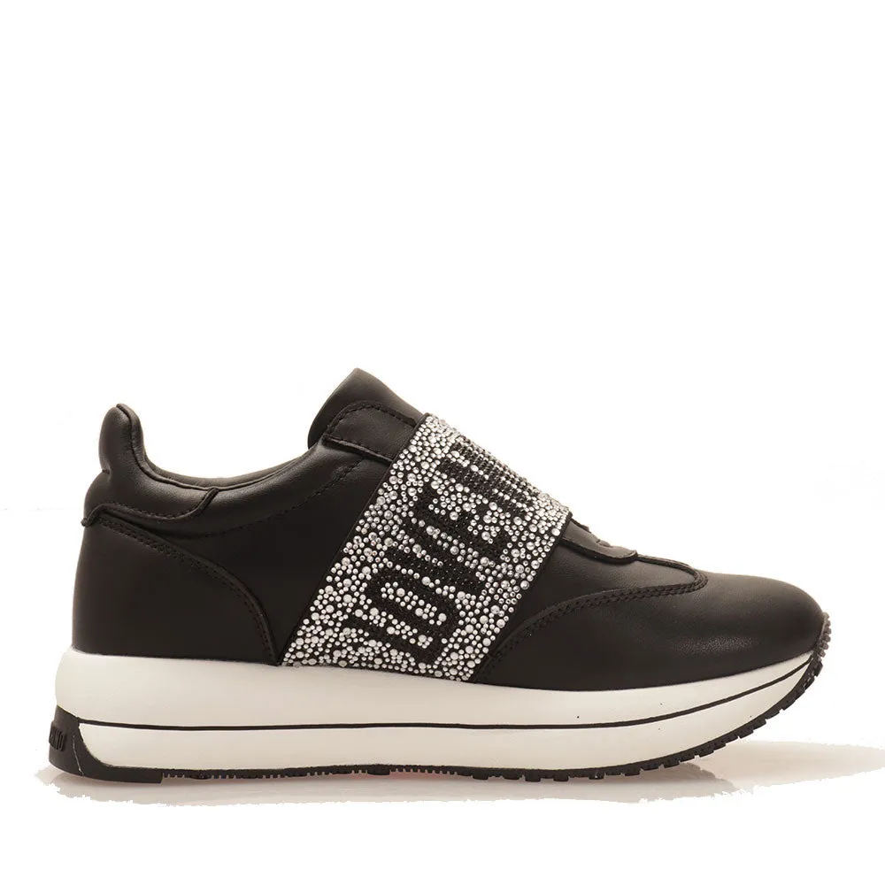 Scarpe Donna LOVE MOSCHINO Sneakers Running Slip On in Pelle Nera con Fascia con Strass