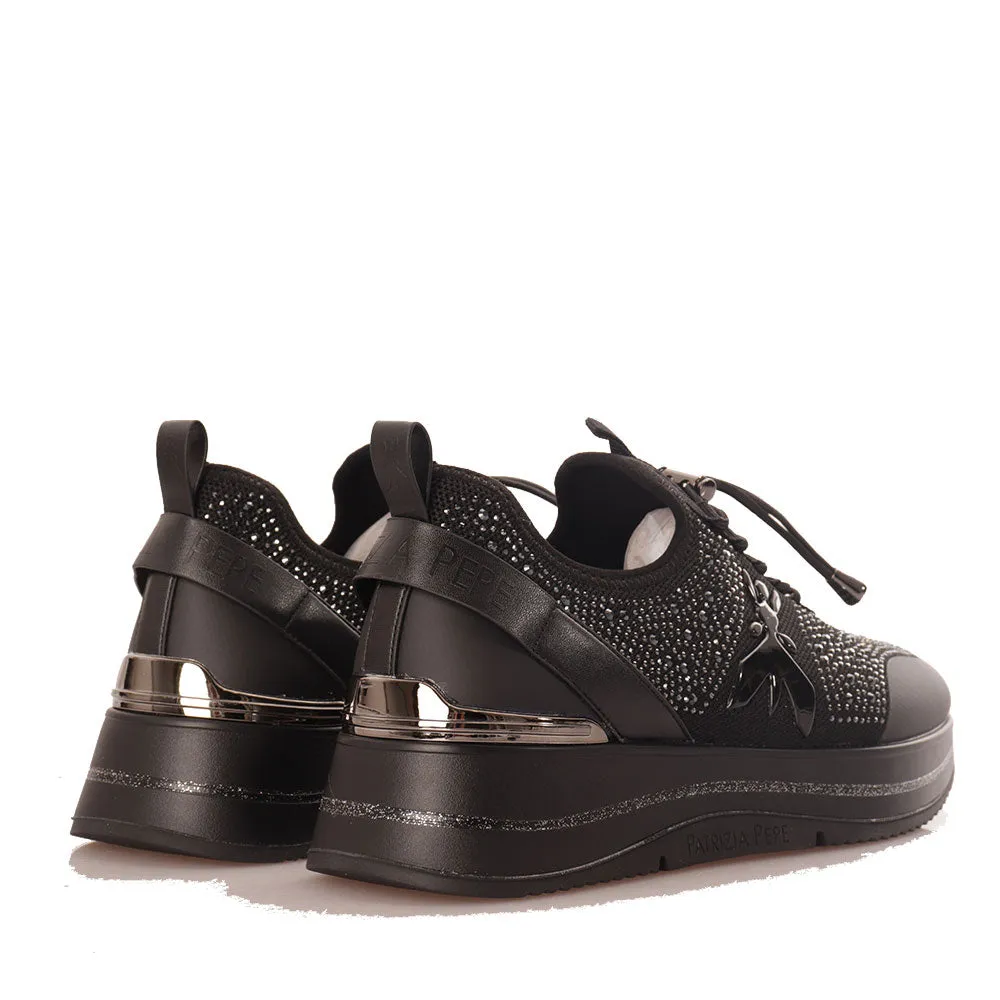 Sneakers Running Slip On PATRIZIA PEPE linea Fly in Tessuto Nero con Strass