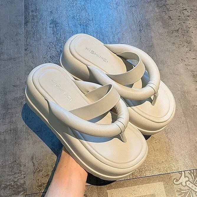 Split Toe Platform Slippers, Thick Sole Round Head Sandals, Open Toe Chunky Sole Slides, Thick Strap Band Flip Flop Creepers