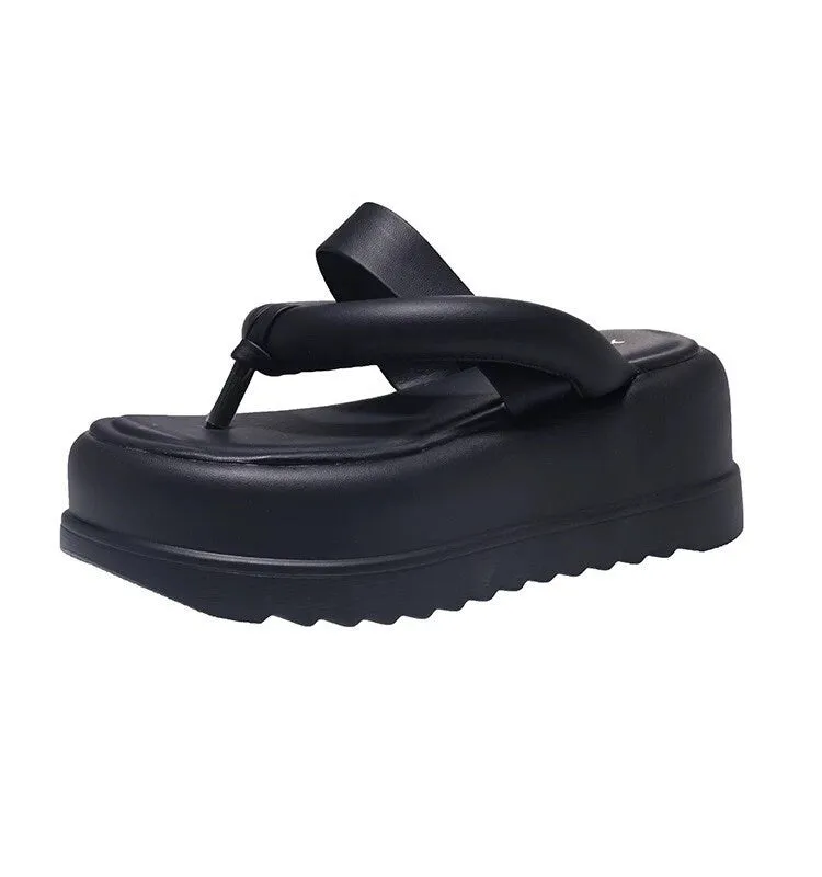 Split Toe Platform Slippers, Thick Sole Round Head Sandals, Open Toe Chunky Sole Slides, Thick Strap Band Flip Flop Creepers