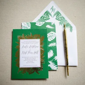 Striking Palm Leaf Goil Foil Printed Wedding Invitations