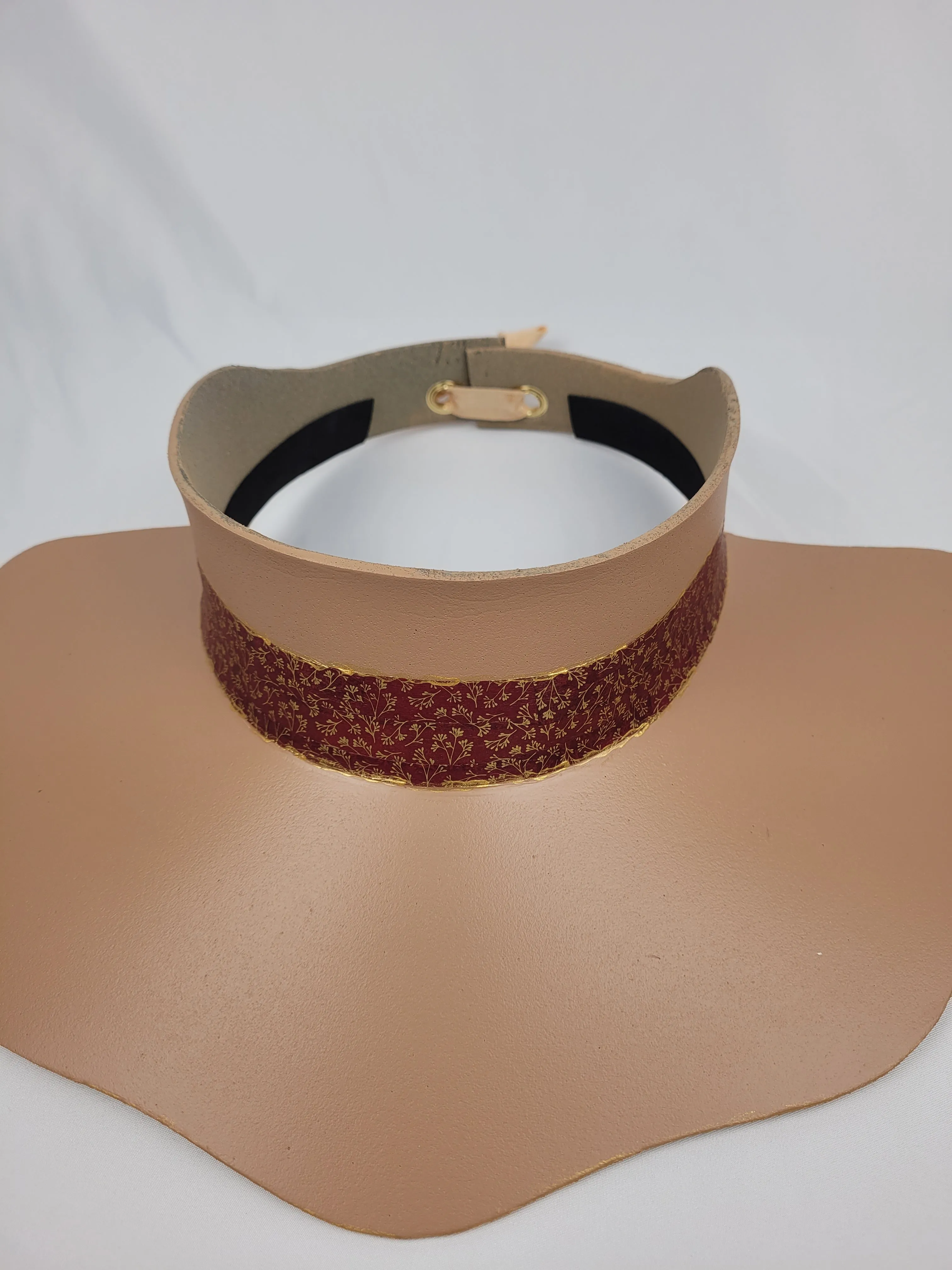 Tan Lotus Visor Hat with Crimson Red and Gold Band