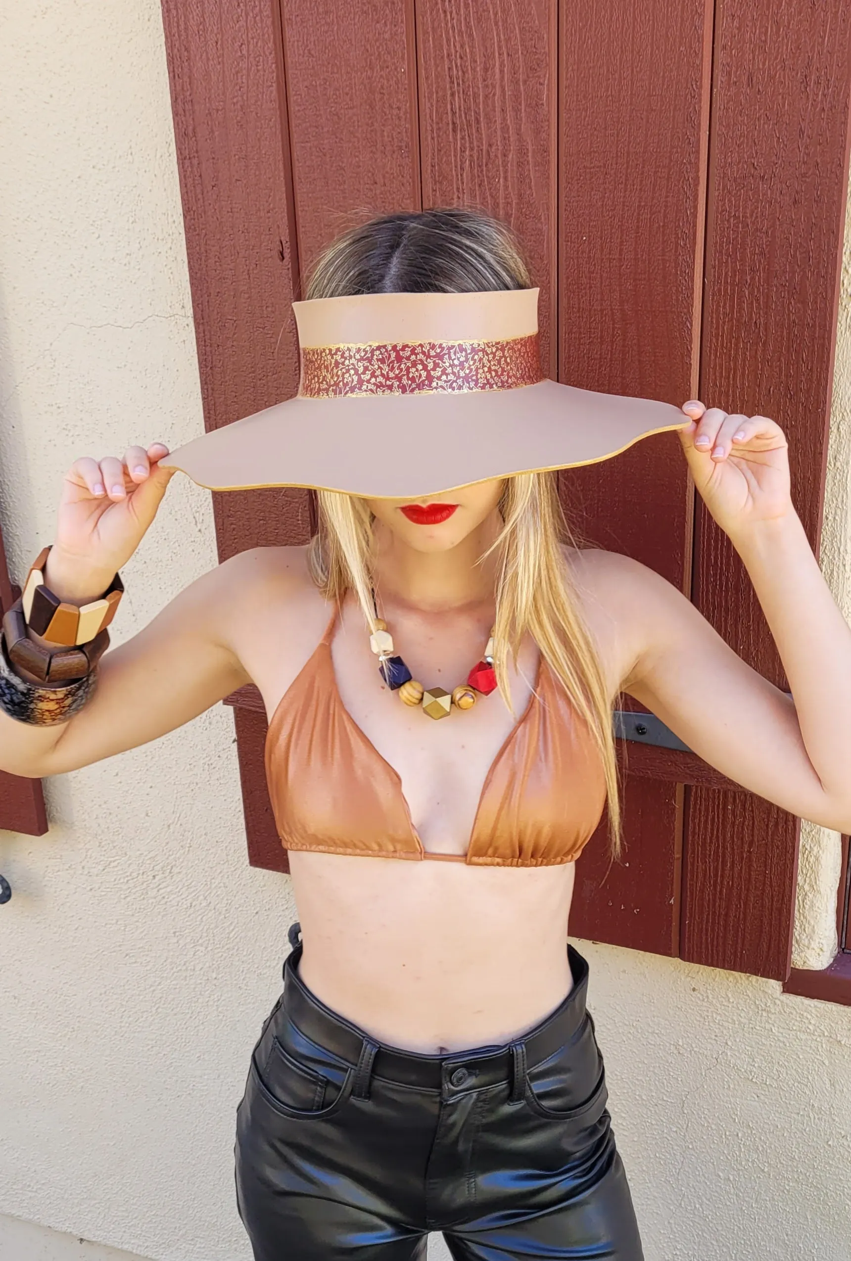 Tan Lotus Visor Hat with Crimson Red and Gold Band