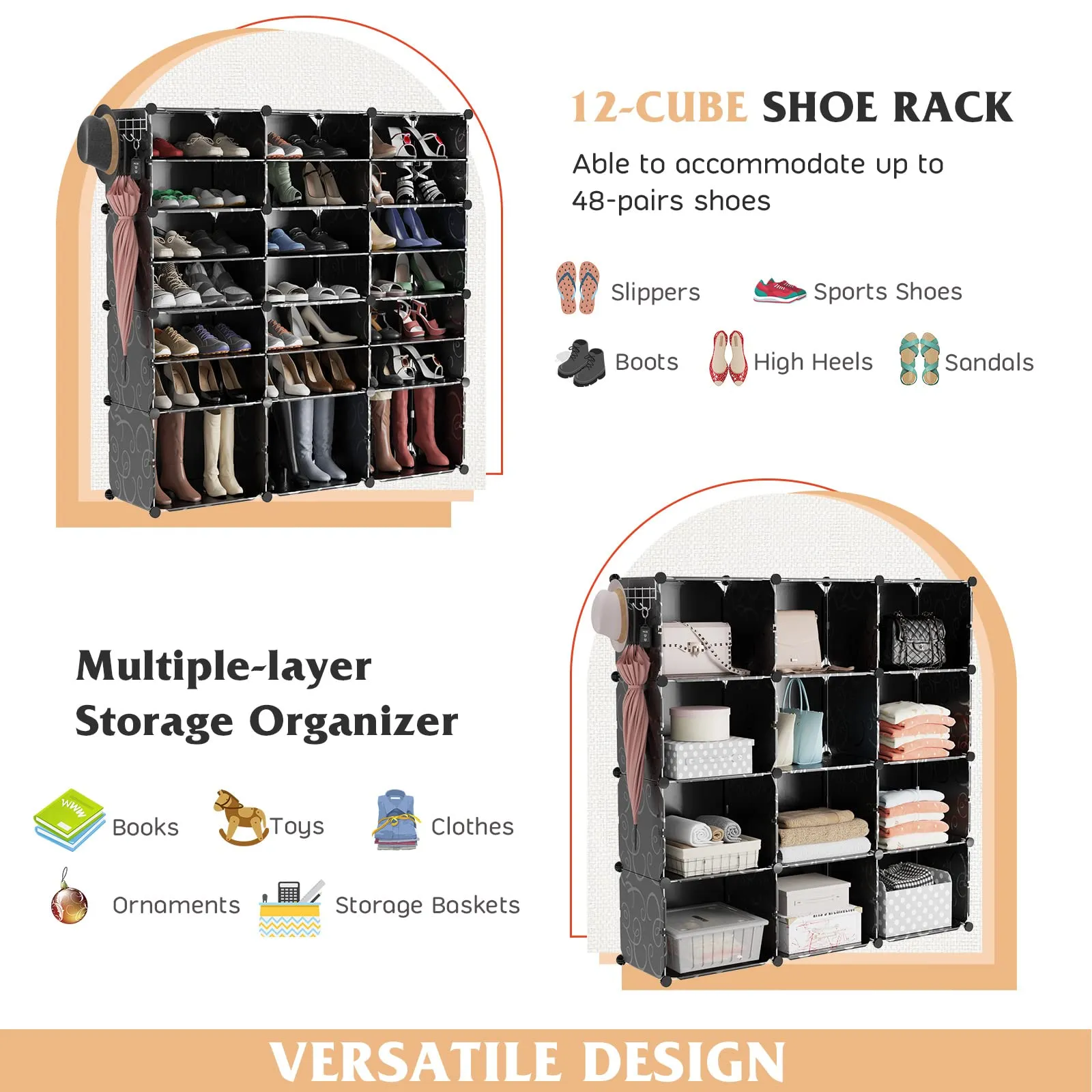 Tangkula 48 Pairs Shoe Rack Organizer, 12-Cube Shoe Storage Cabinet with Removable Shelf