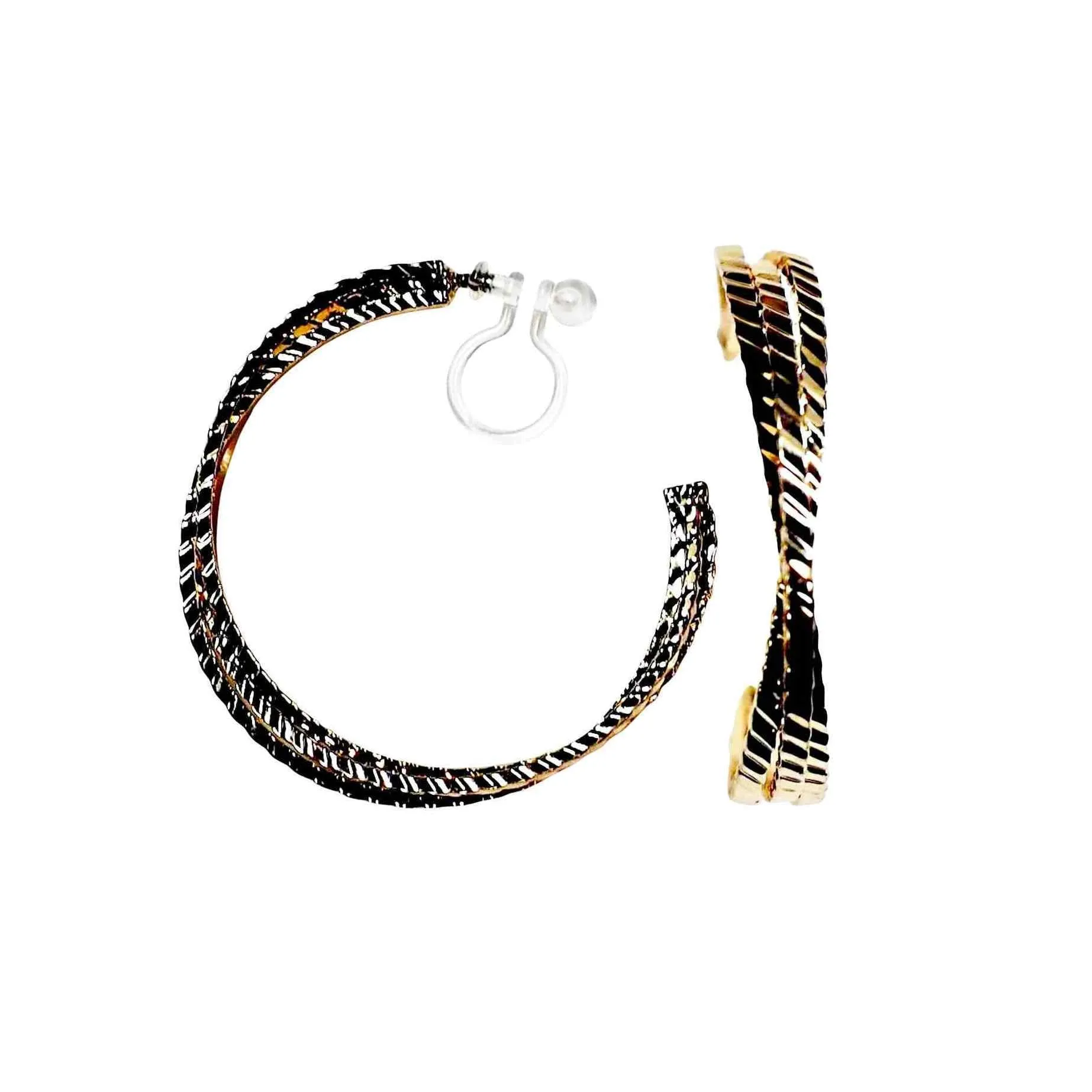 Textured Triple Hoop Hoop Invisible Clip On Hoop Earrings (Gold/Silver)