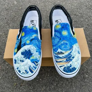 The Great Wave and Vincent Van Gogh Starry Night BLVD Original Slip On Shoes for Women and Men