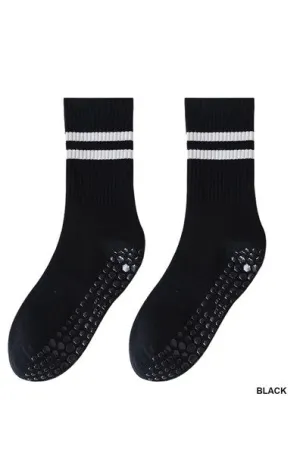 Varsity Vibes Anti-Slip Striped Crew Socks - Black & White