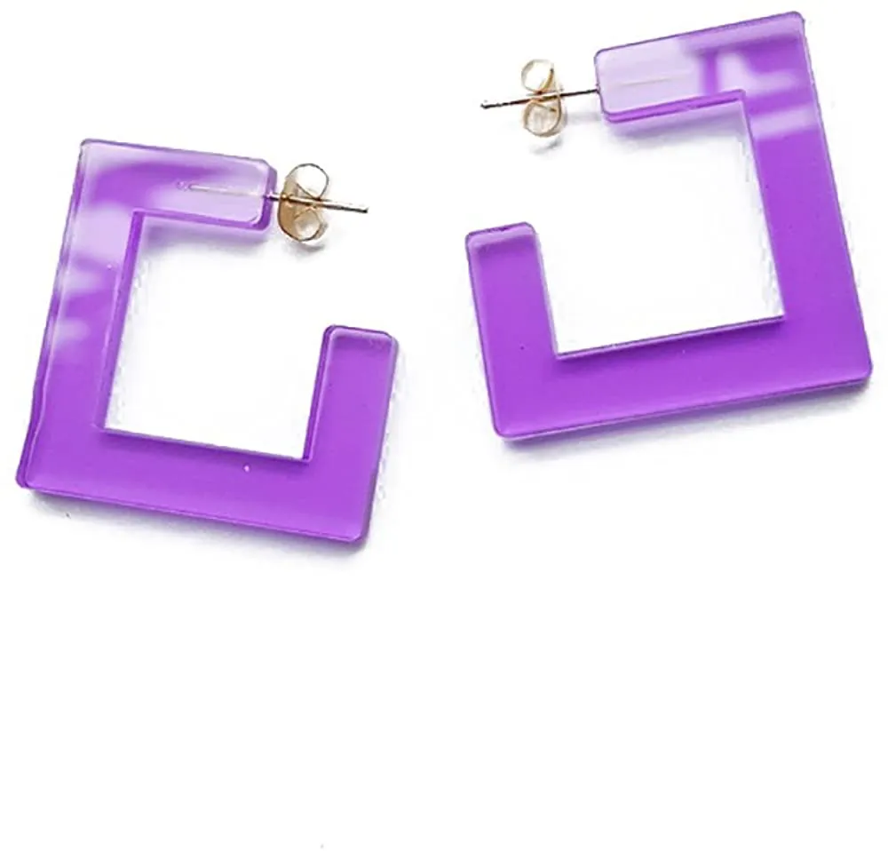 VEINTI 1 Transparent Acrylic Square Shape Candy Color Women's Charm Earring(Purple,3cm)