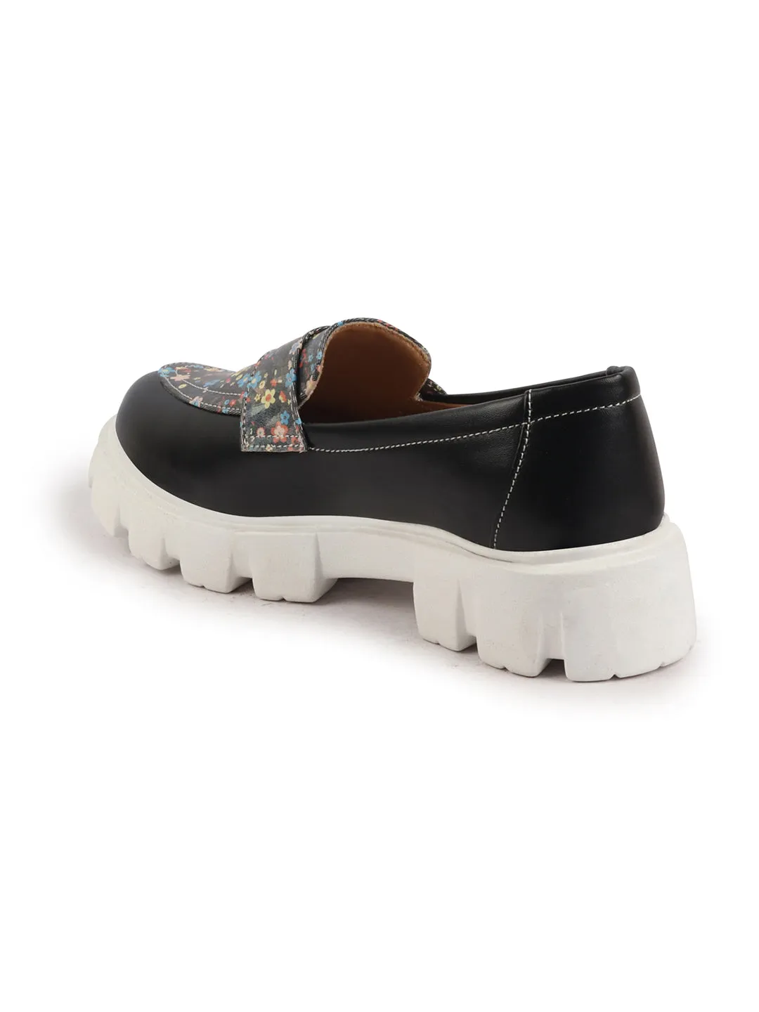 Women Black Stiched Floral Print Classic Weekend Party Slip On Casual Shoes