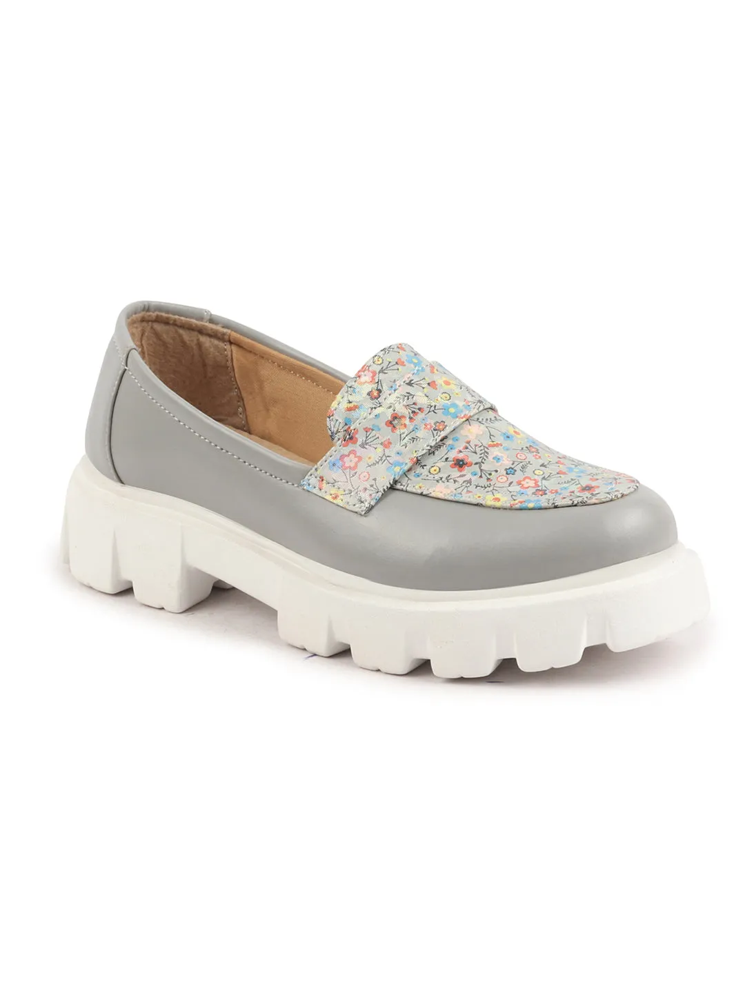 Women Grey Stiched Floral Print Classic Weekend Party Slip On Casual Shoes