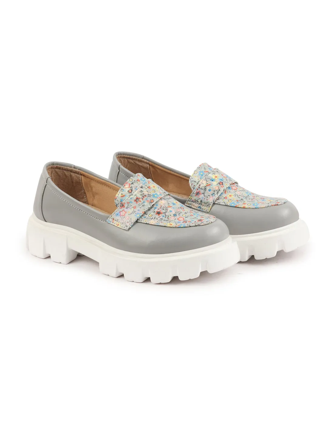 Women Grey Stiched Floral Print Classic Weekend Party Slip On Casual Shoes