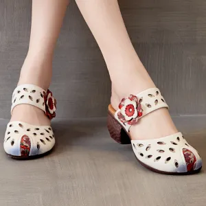 Women Hollow Leather Casual Summer Heel Slides