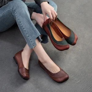 Women Retro Color Matching Leather Soft Flats