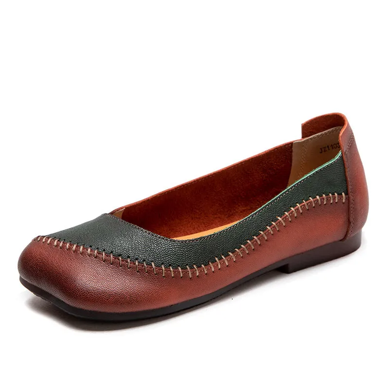 Women Retro Color Matching Leather Soft Flats