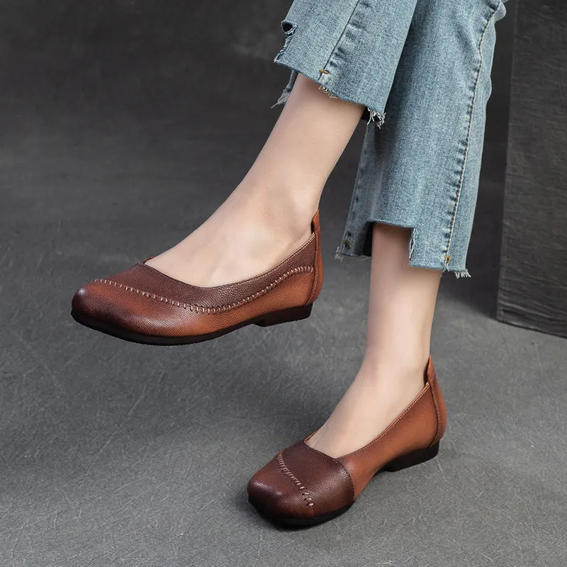 Women Retro Color Matching Leather Soft Flats