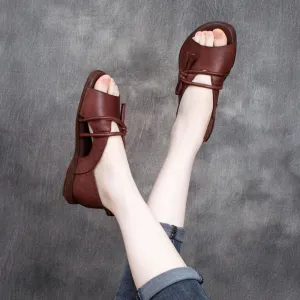 Women Retro Cowhide Flat Casual Sandals