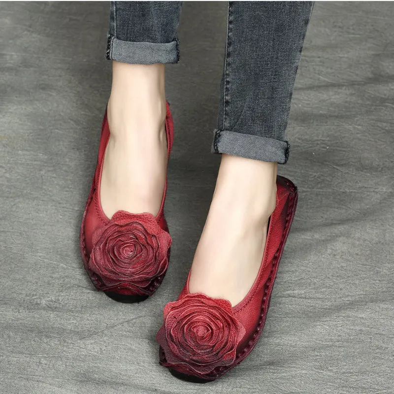 Women Retro Flower Leather Casual Flats