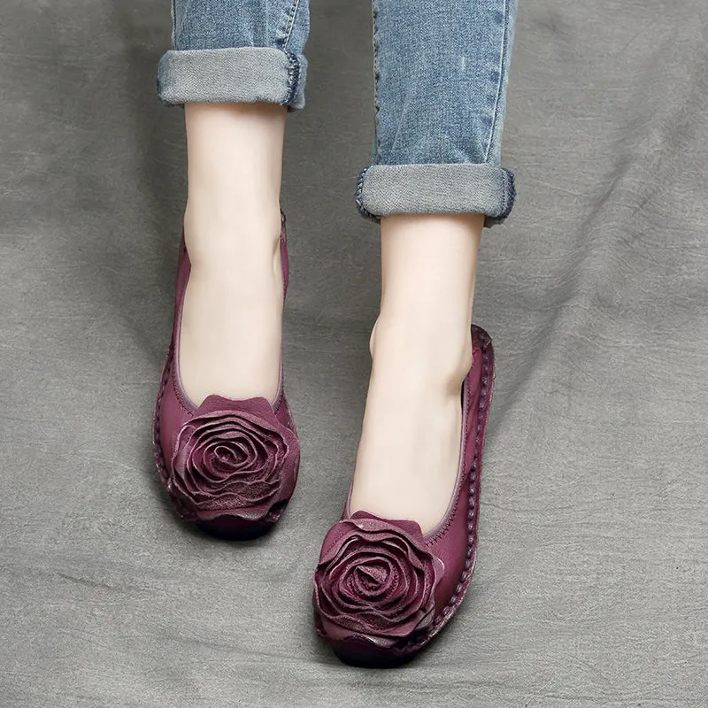 Women Retro Flower Leather Casual Flats