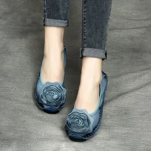 Women Retro Flower Leather Casual Flats