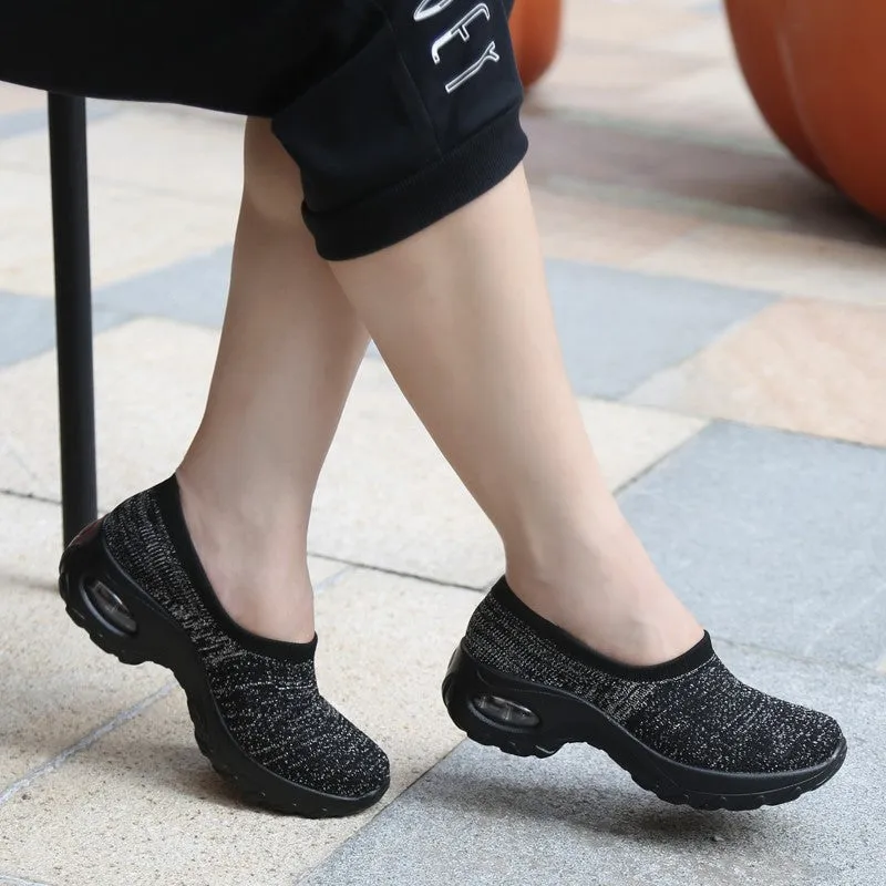 Women's air cushion linen fabric anti-skid fashion heel loafers